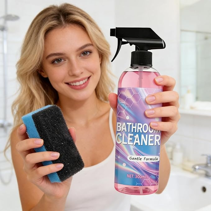 Bathroom Cleaner Gentle Formula Spray, 300ml with Cleaning Cloth and Sponge, Pink Liquid