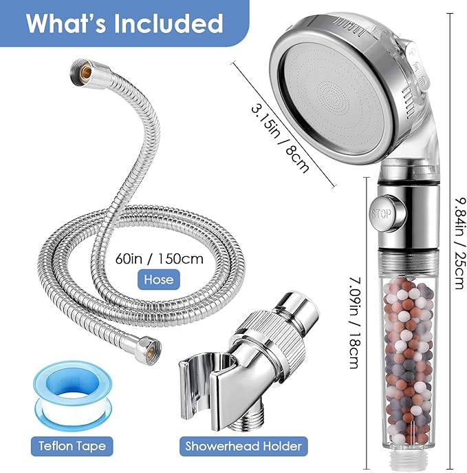 High Pressure Handheld Shower Head with Filter, Shower Head Kits with Hose and Bracket, Hard Water Softener Water Purifying Filtered Showerheads with Filter Beads