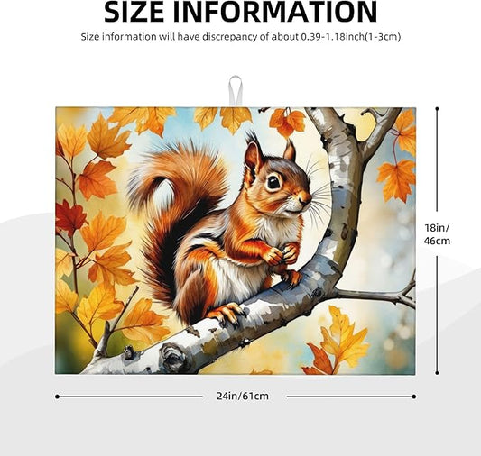 Squirrel on Tree Dish Drying Mats for Kitchen Counter, Absorbent Reversible Microfiber Dish Drying Pad, Multi-Use Large Drying Mat Coffee Bar Accessories 18"x24"