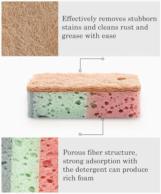 Double Sided Multi-Purpose Kitchen Cleaning Sponge, Great for Dishwashing and Stain Removal, Absorbent, Durable Coconut Fiber Side and Soft Sponge Side 5 Pcs Brown