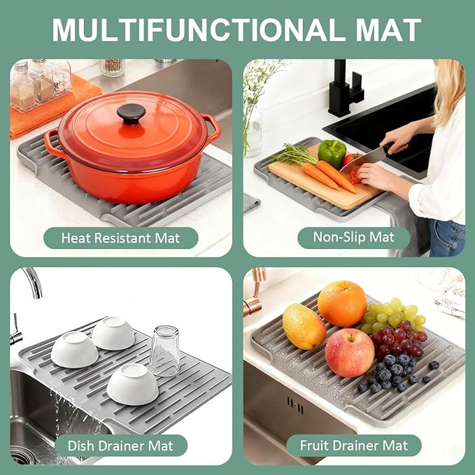 Silicone Kitchen Countertop Dish Drying Mat with Water Collection Tray Non-Slip Pad ( Grey)