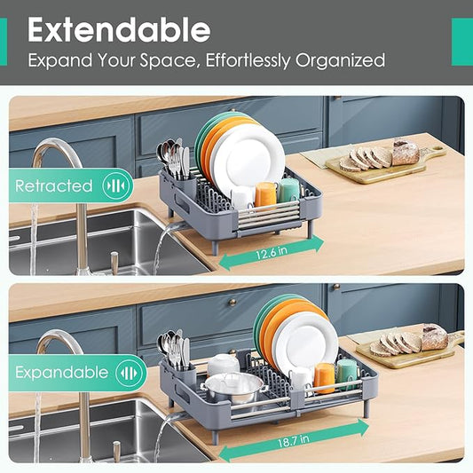 TOOLF Dish Drying Rack, Expandable Dish Rack for Kitchen Counter, Anti-Rust Dish Drainer, Sink Organization and Storage Essentials with Cutlery & Cup Holder, Gray