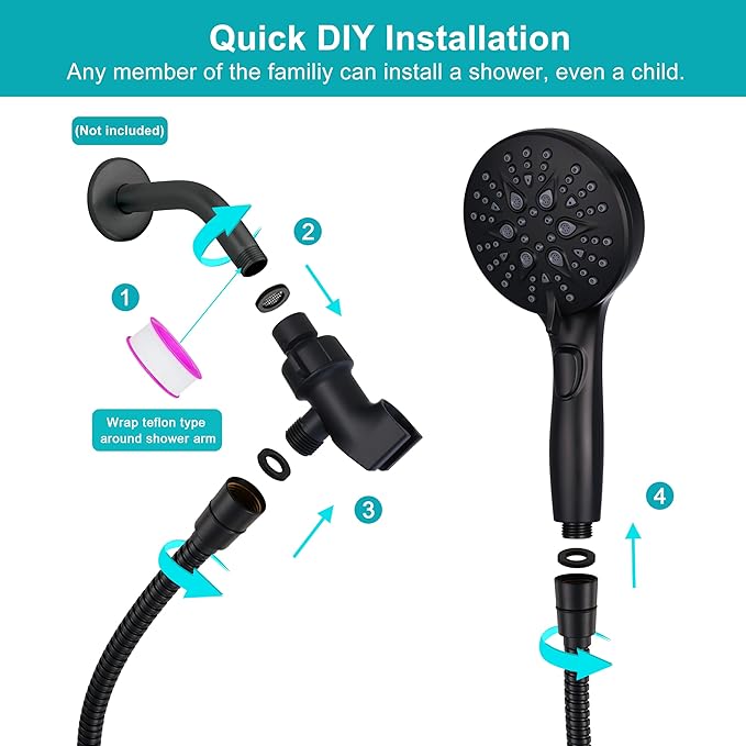 Handheld Shower Head with on off Switch&Built-in Power Spray,7-Setting High Pressure Spray Shower Wand with 79in Long Hose&Bracket and Extra Adhesive Shower Holder for Lower Mount,Black