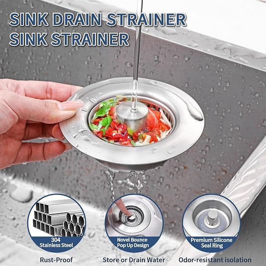 3-in-1 Kitchen Sink Drain Strainer - Pop Up Sink Stopper, Stainless Steel Sink Drain Strainer, Kitchen Sink Stopper & Drain Plug with Anti-Clogging Basket,Sink Strainer Fits US Standard 3-1/2'' Drains