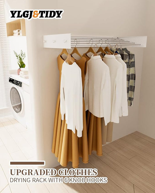 YLGJ&TIDY Wall Mounted Clothes Drying Rack, 31.5" Laundry Drying Rack, Clothes Drying Rack Foldable with 5 Rods 6 Hooks,Floor Space Saving Dry Rack for Clothes