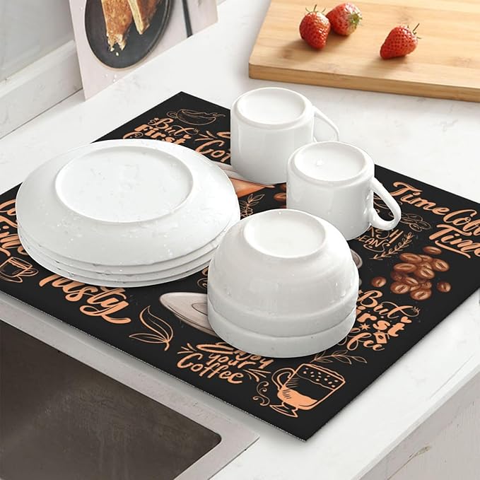 Fun Coffee Dish Drying Mat, Highly Absorbent Microfiber Kitchen Counter Pad Reusable Washable, 16*18"