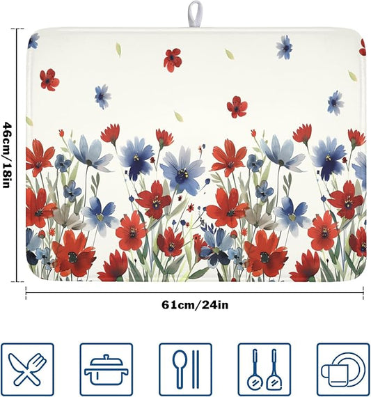 4th of July Floral Dish Drying Mat for Kitchen Counter 18 x 24 Inch Patriotic Dish Drainer Mat Absorbent Microfiber Independece Day Dish Rack Pad for Coffee Dining Bar Decor