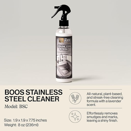 John Boos Stainless Steel Cleaner with Fine Mist Spray, Lavender Scent, 8 oz - Streak-Free Cleaning Polish & Stain Remover for Stoves, Ovens, Sinks, & Kitchen Surfaces