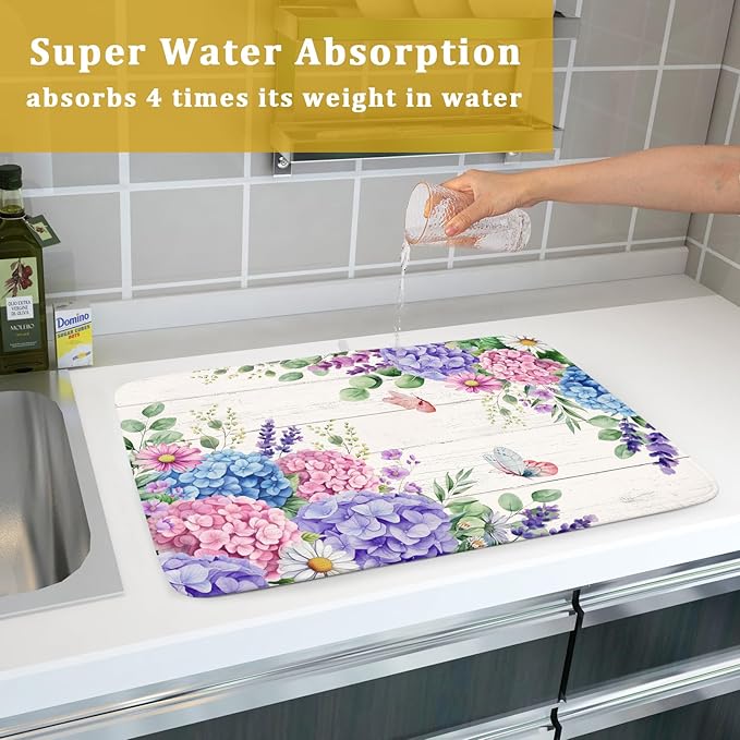 Hydrangea Floral Dish Drying Mat 18x24 inch Spring Summer Decorative Fast Dry Dishes Draining Mats Absorbent Microfiber Drainer Rack Pad