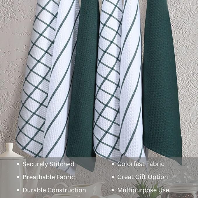 Assorted Waffle Kitchen Towels 100% Cotton Set of 6 - Heavy Duty 320 GSM Quality Dish Cloths Towel - Soft Absorbent Washable for Kitchen Use - Quick Drying Dish Towel 16x26 inch Green