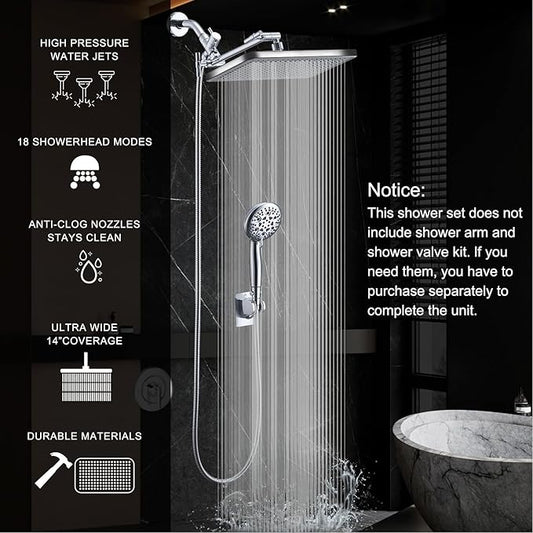 Rain Shower Head Combo-14''Rainfall ShowerHead,8 Modes Handheld with ON/OFF Pause Switch, Double High Pressure Shower heads with Hose,Adjustable and detachable for Couple and Kids