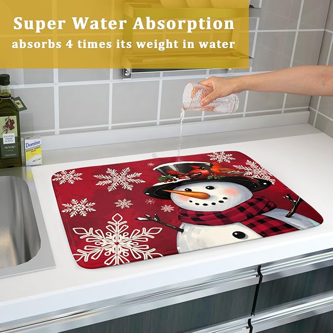 Christmas Snowman Dish Drying Mat for Kitchen Counter 18x24 Xmas Snowflake Winter Holiday Dark Red Absorbent Reversible Microfiber Drying Mats Kitchen Countertop Protector Dishes Drainer Rack Pad