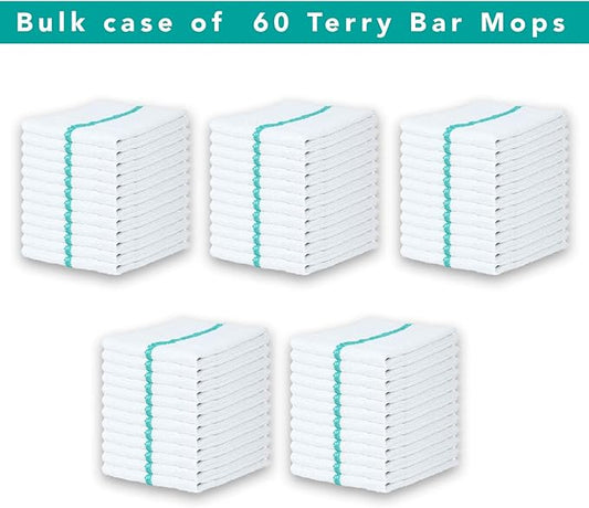 Arkwright LLC Terry Kitchen Bar Mop Towels Bulk Pack of 60 (16 x 19) with Green Center Stripes, Cotton Multipurpose Dish Cleaning Tea Towel for Home, Hotels, Restaurants