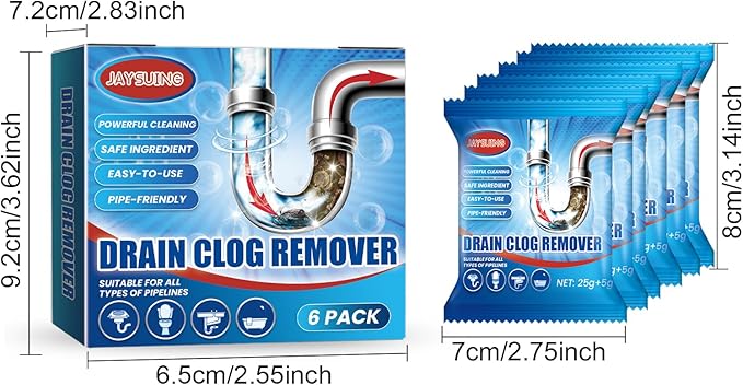 Drain Clog Remover and Cleaner for Toilet, Shower or Sink Drains, Unclogs and Removes Hair, Soap Scum, Organic Waste, Blockages, Effective in 30 minutes, Undamaged pipes (12.7 Ounce, Pack of 12)