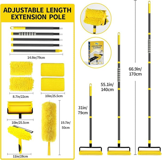 High Ceiling Fan Cleaner Duster for Fans Blades Cleaner with 78.7in Extension Pole Extra Long Handle Cleaning Tool,Reusable Chenille & Microfiber Mop Head for Baseboard Wall Floor Window Glass Wiper