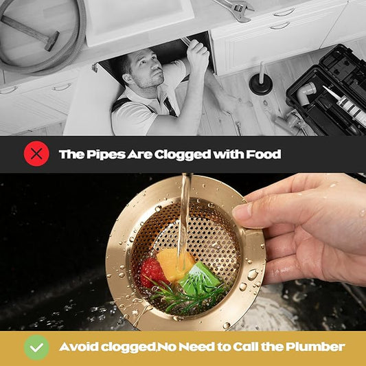 Retisee 2 Pcs Sink Strainer Stainless Steel Kitchen Sink Drain Strainer Basket Cover Mesh Hair Food Catcher, Large Wide Rim of 4.4 Diameter (Champagne Bronze)