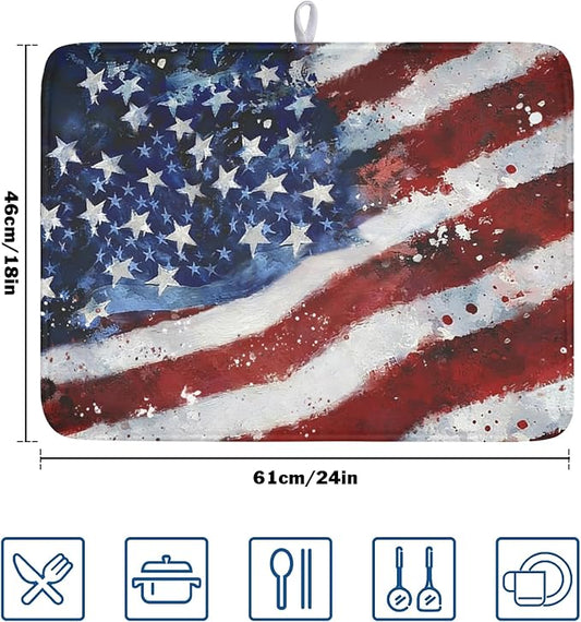 4th of July Dish Drying Mat 24x18 Inch, Patriotic Drying Mat with Absorbent Reversible Microfiber, Independence Day Dish Drainer Mats Memorial Day Rack Pad for Coffee Countertop Kitchen Protector