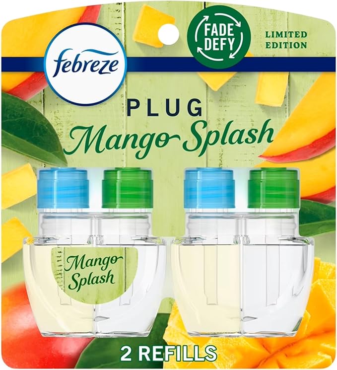 Febrezee Plug In Refills New Edition Plug In for Odor-Fighting Fade Defy PLUG Air Freshener, (2) Count of 0.87 fl oz Refills (Mango Splash)