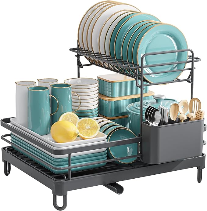 Sakugi Dish Drying Rack - X-Large Stainless Steel Dish Rack for Kitchen Counter, 2-Tier Kitchen Organizers and Storage for Dishes, Bowls, Cutlery, Gray