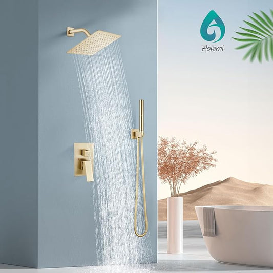 Aolemi Shower Faucet Set, High Pressure Shower System with 2-in-1 Handheld Sprayer, Wall Mount Fixture Combo with Rough-in Valve, 8 Inch Shower Head, Brushed Gold