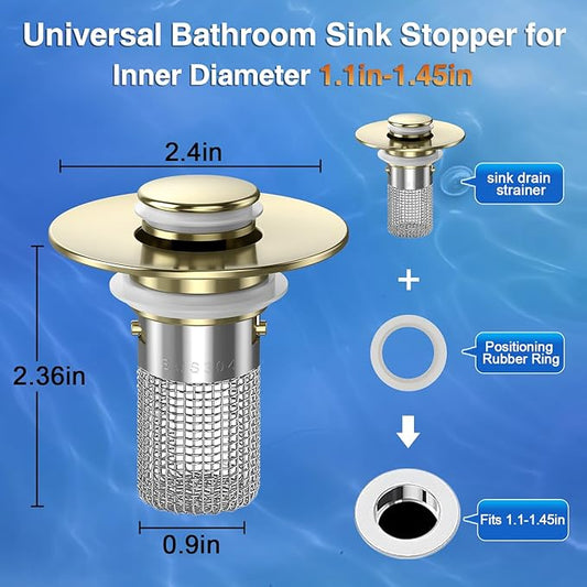 Sink Stopper Hair Catcher,(4PCS) Pop-up Sink Drain Strainer with Removable Stainless Steel Strainer Basket Hair Catcher, Bathroom Sink Strainer for Bathroom Sink Stopper Replacement (4, Brushed Gold)