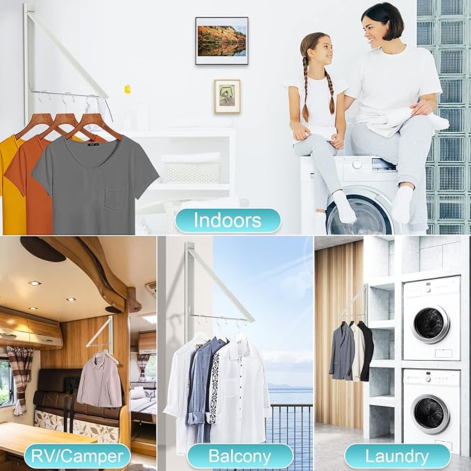 Retractable Clothes Drying Rack,Space Saver Wall Mounted Folding Hanger for Laundry Room, Closet Storage Organization, Easy Installation Aluminum Dryer White