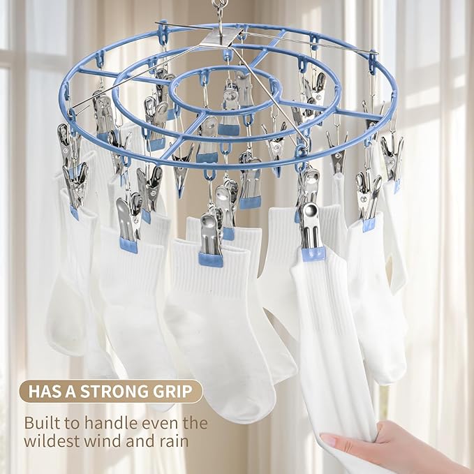 PHYDELU Drying Rack Clothing with 24 Clips,Sock Hanger for Drying,Hanging Clothes Dryer Underwear Hangers Racks Laundry Herb Socks Panty Wet Bra Lingerie Baby Delicates Foldable Small Indoor Metal