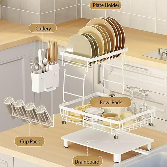 Small 2 Tier Dish Drying Rack, Space Saving Dish Racks for Kitchen Counter, Kitchen Organizer Dish Drainer with Cutlery Holder for Spoons and Forks, 11''W x 15''L, White