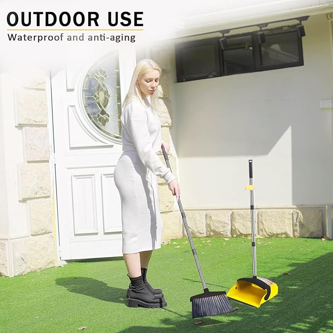 2-Pack is More economical,Brooms with Dustpan Combo Set, with 52" Long Handle, Dustpan Teeth with self-Cleaning Function, Indoor and Outdoor Sweeping, Perfect for Home Office(Large/Yellow /2-Pack).