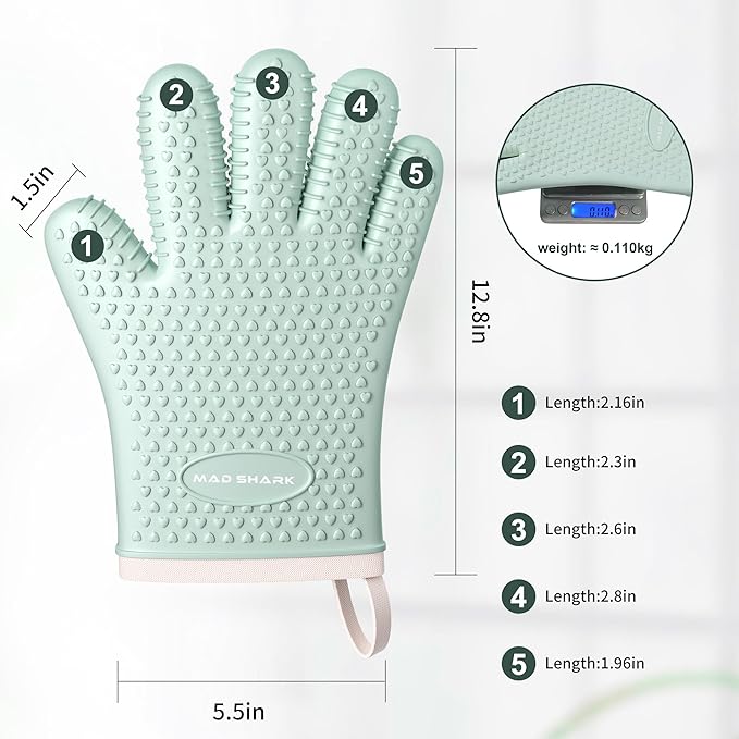 MAD SHARK Silicone Oven Mitts Heat Resistant 450 Degrees,Waterproof & Non-Slip Oven Gloves with Fingers,Cotton Lined Silicone Oven Gloves Kitchen Mitts for Baking Cooking Barbecue,Women (Green)