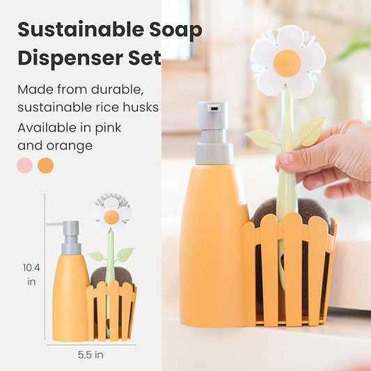 Vigar Florganic Kitchen Soap Dispenser Set, Dish Soap Dispenser with Sponge Caddy and Dish Brush, Daisy-Themed, Perfect Kitchen Sink Caddy, Orange