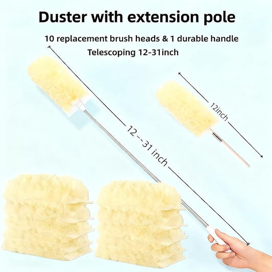 Heavy Duty Duster Refills, Disposable Dusters Kit for Cleaning Dusting Furniture Blind Ceiling Fan, Multi Surface 360 Feather Duster(10)+3FT Extended Handle(1) (Yellow)