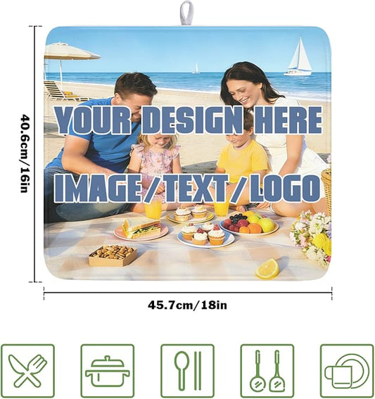 Custom Dish Drying Mat for Kitchen Counter Design Your Photo Text Business Logo 16 x 18 Inch Dish Drainer Mat Absorbent Microfiber for Coffee Bar Kitchen Dining Counter Decor