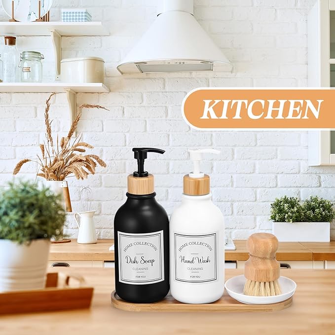 Zopeal 4 Pcs 16 oz Kitchen Soap Dispenser Set with Bamboo Tray and Dish Brush Plastic Soap Dispenser Set with Waterproof Labels for Hand Dish Lotion(Matte Black,White)
