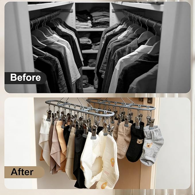 PHYDELU Drying Rack Clothing with 20 Clips,Sock Hanger for Drying,Hanging Clothes Dryer Underwear Hangers Racks Laundry Herb Socks Panty Wet Bra Lingerie Baby Delicates Foldable Small Indoor Metal