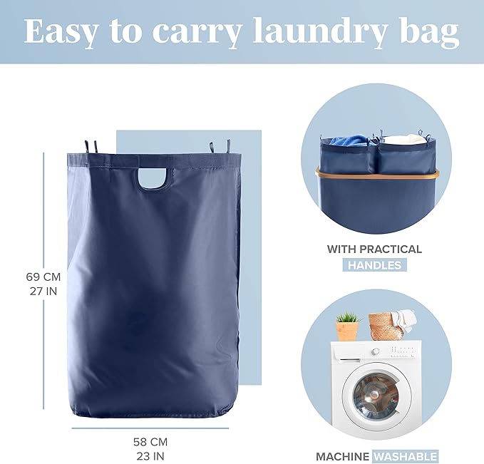 LONBET Laundry Basket with Lid, Made from Breathable Fabric | Aesthetic Clothes Hampers for Laundry with Side Handles & Sturdy Bamboo Frame (40 Gallons - Double, Blue)