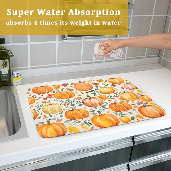 Fall Pumpkin Thanksgiving Dish Drying Mat for Kitchen Counter 18x24 Autumn Leaves Harvest Theme Absorbent Reversible Microfiber Drying Mats Kitchen Countertop Protector Dishes Drainer Pad