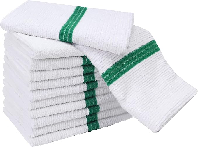 Premium 24 Pack White with Green Stripe Bar Mop Microfiber Towels for Home, Kitchen, Restaurant Cleaning (White/Green Stripe, 14inx18in)