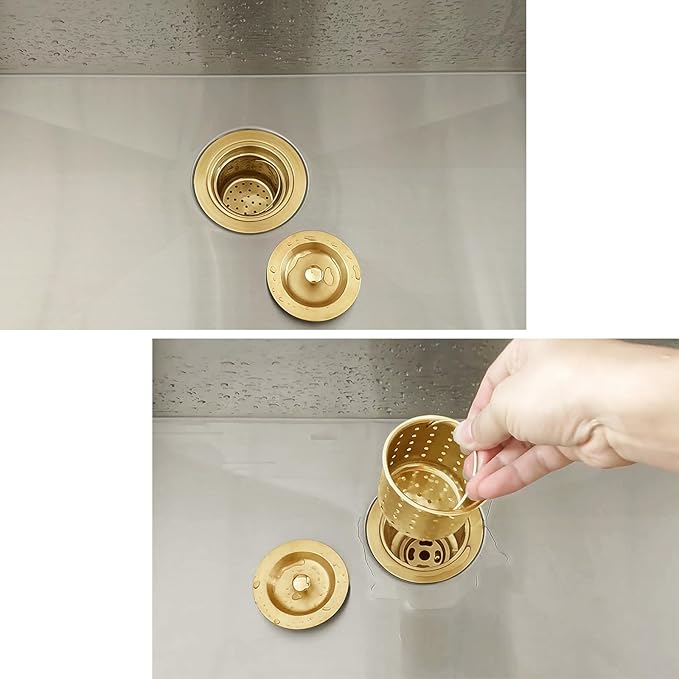 3-1/2-Inch Kitchen Sink Drain Strainer Assembly Kit, GZILA Deep Waste Basket Strainer with Sealing Lid Sink Stopper, 304 Stainless Steel Brushed Gold