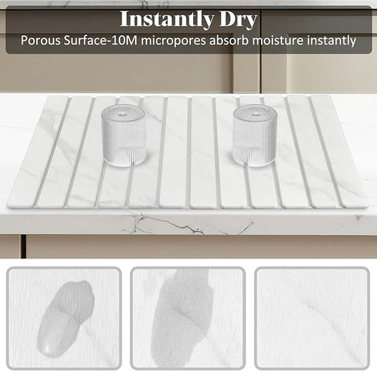 2 PCS Extra Large Stone Dish Drying Mats for Kitchen Counter, 28"(L)×16"(W) Marble-Pattern Dish Drying Mat with 8"x 4" Coasters, Eco-Friendly Diatomite Dish Drying Mat - Fits All Countertops