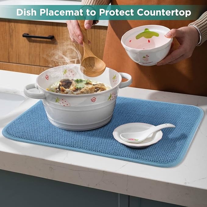 GeeRic Microfiber Dish Drying Mat, Super Absorbent Kitchen Dish Drying Pad for Mother's Day, Reversible Gift Mats for Countertop, 17.8 * 23.6 inch Blue