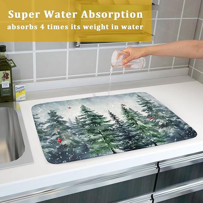 Winter Dish Drying Mat for Kitchen Counter Winter Pine Tree Dish Drying Mat 18x24 Inch Red Bird Christmas Dish Draining Mat Absorbent Reversible Dish Pad Kitchen Accessories Table Protector
