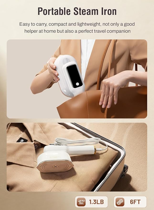 Travel Steamer for Clothes,2-in-1Handheld Garment Steamer&Iron,1200W Portable Steam, 15s Fast Heat-Up, LED Display,5 Adjustable Steam Modes,25g/min Powerful Steam,Self-Cleaning, All Fabrics,120V