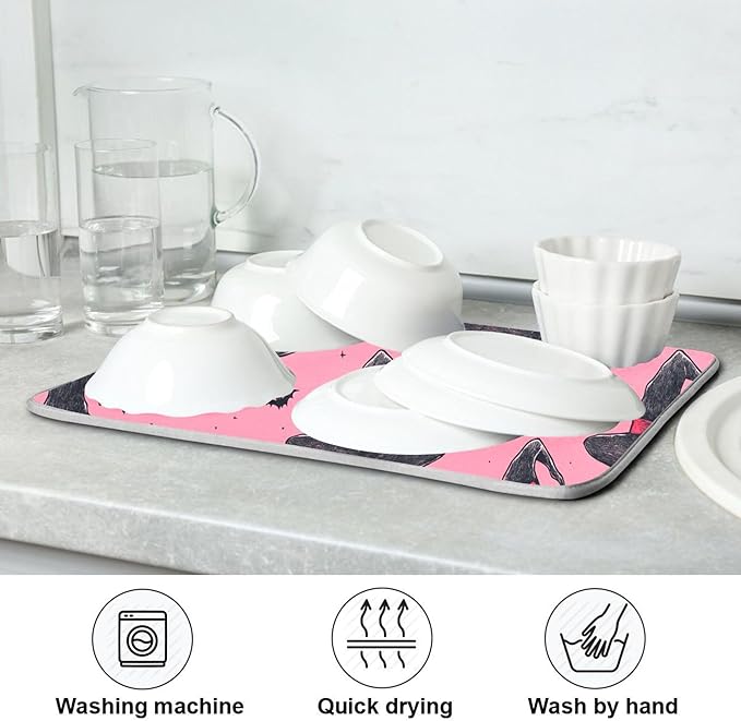 Witch Bow Hot Pink Dish Drying Mat for Kitchen Countertop 18x24 Halloween Bowknot Bat Large Drying Mat Reusable Quick Dry Dish Sink Mats Easy Clean Decorative Essentials