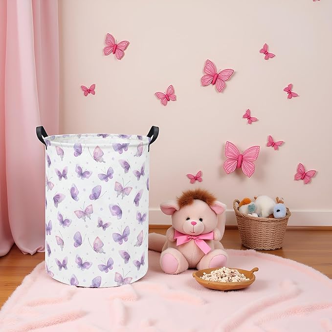 Baby Laundry Hamper kids laundry Basket Waterproof Storage Bin for Bedroom Toy Clothes Organizer Basket Woodland Animals Room Décor(Purple Butterfly)