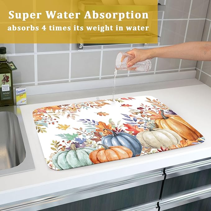 Fall Watercolor Pumpkin Dish Drying Mat 18 x 24 Inch With Absorbent Reversible Microfiber Maple Leaf Autumn Thanksgiving Harvest Drying Mats Dish Drainer Mat Fast Dry For Kitchen Dining Room Decor
