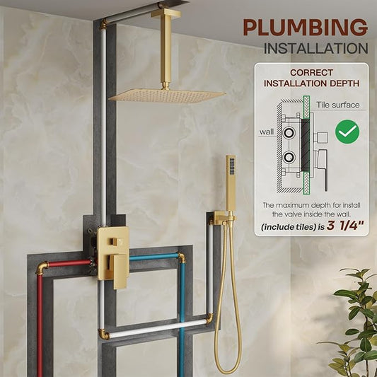 Ceiling Mount Shower Faucet Set, Gold Shower System with 10-Inch Rain Showerhead and Handheld Spray Combo, High-Pressure Showerheads Set with Valve and Trim Kit, Brushed Gold