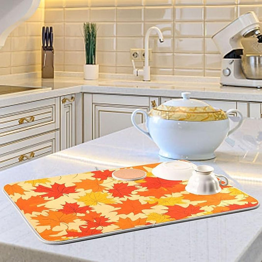 Autumn Maple Leaves Thanksgiving Dish Drying Mat for Kitchen Counter Absorbent Microfiber Drying Pad, Medium 16x18 in