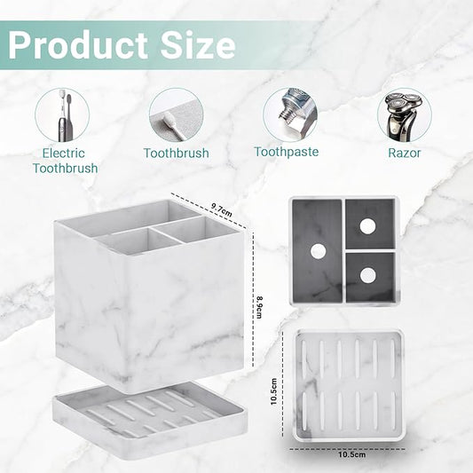 Toothbrush Holders for Bathrooms, 3 Slots Kids Countertop Silicone Electric Tooth Brush and Toothpaste Holder Organizer Stand with Drainage Tray, Bathroom Accessories Decor, White Marble