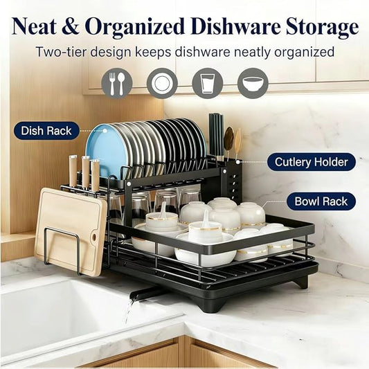 2 Tier Stainless Steel Dish Drying Rack with Auto-Draining Drainboard, Utensil Holder, Detachable & Space Saving Kitchen Counter Organizer, (Black),Chaos Coordinator Gifts